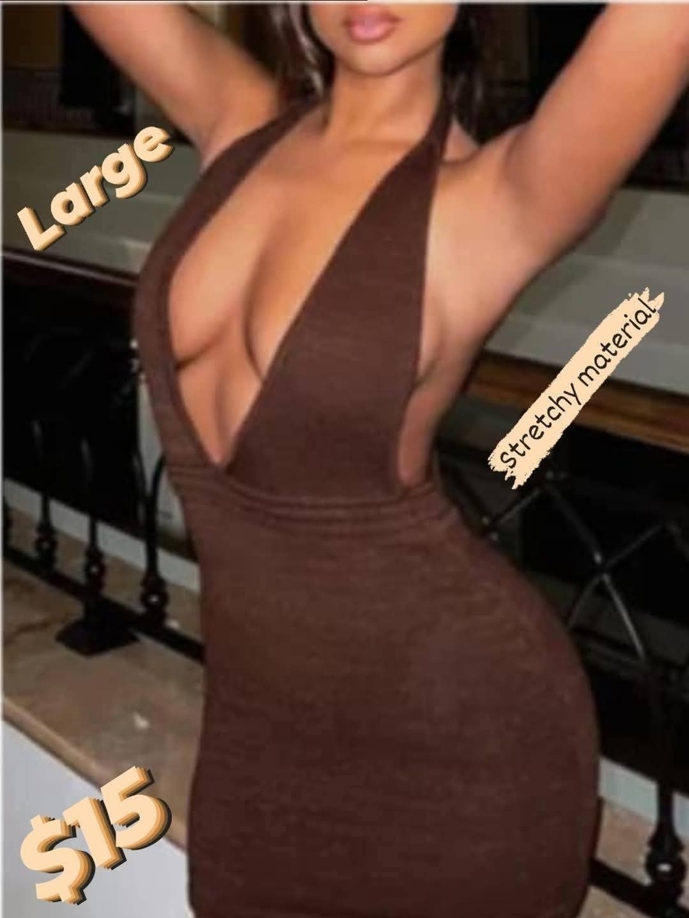 Brown Halter Plunge Bodycon Dress - Women